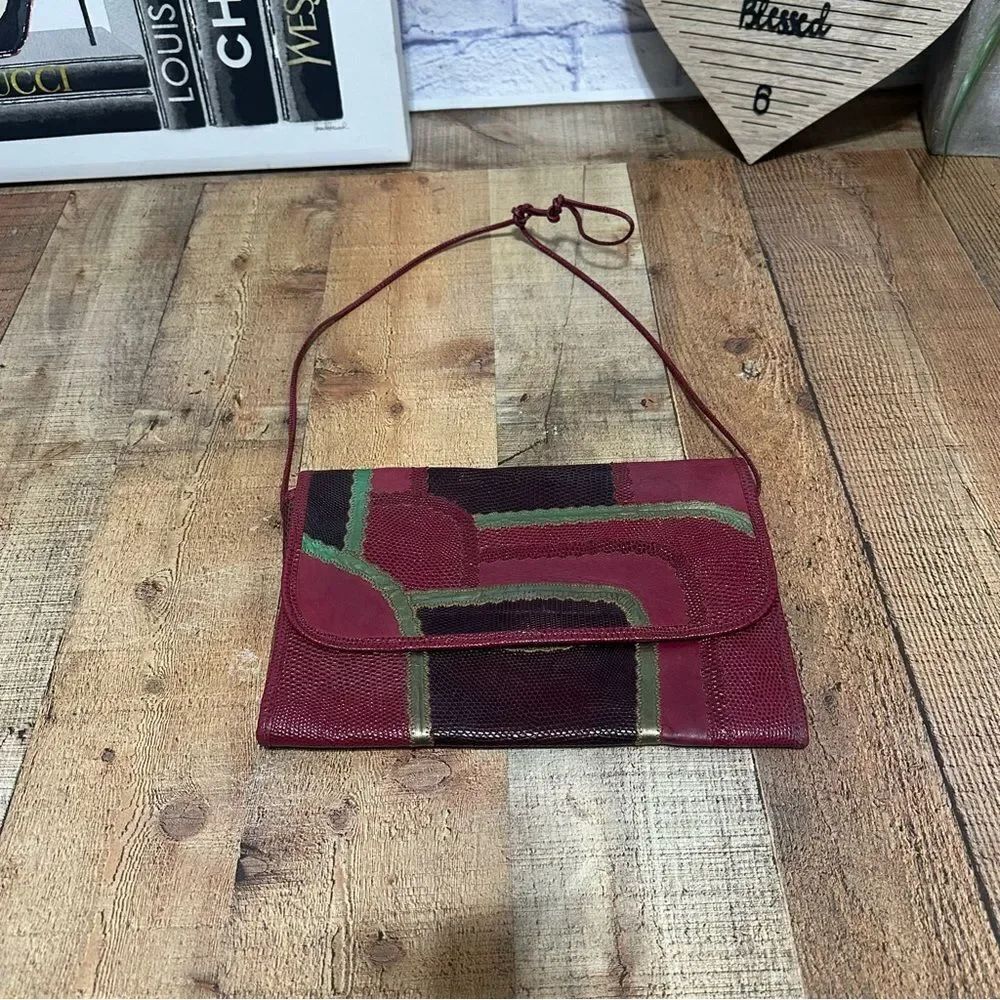 Vintage Carlos Falchi Classic Envelope Clutch Snakeskin Leather Patchwork Red